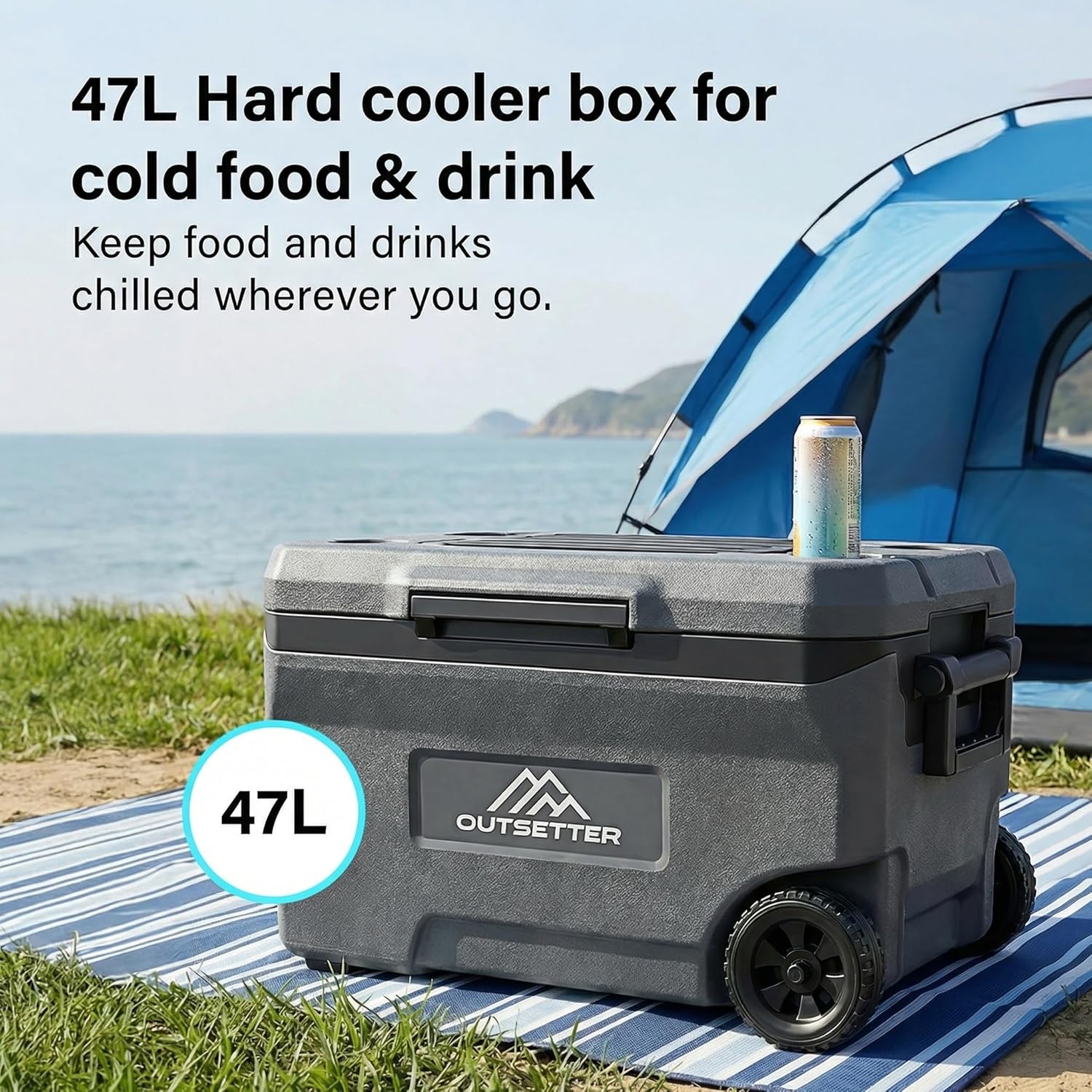 47/67L Cool Box with Ice Block Heavy-Duty Insulated Hard Cooler Handle Wheels