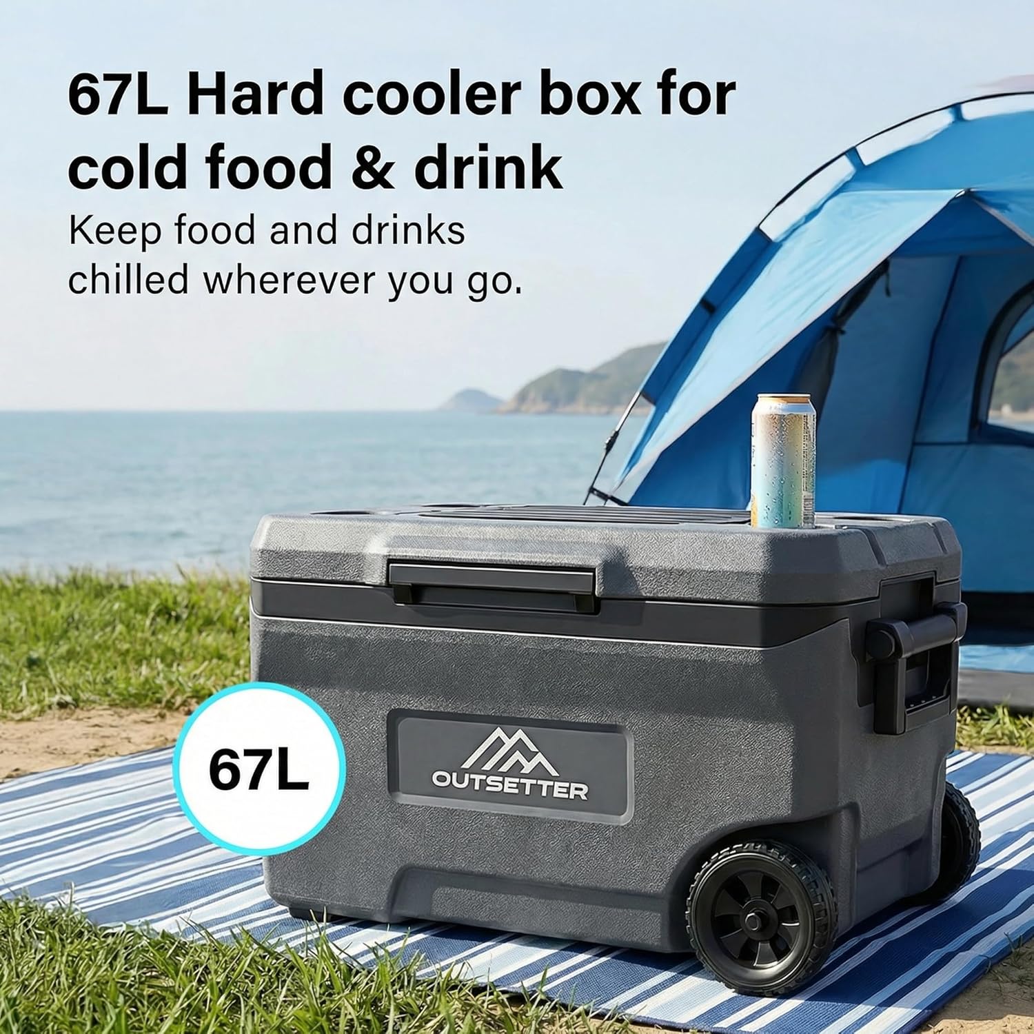 47/67L Cool Box with Ice Block Heavy-Duty Insulated Hard Cooler Handle Wheels