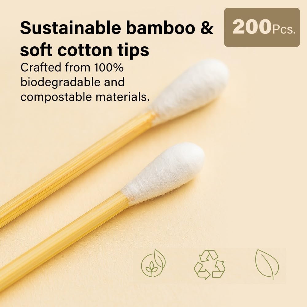 200 Pcs Bamboo Cotton Buds Eco Friendly Biodegradable Swabs with Soft Tips