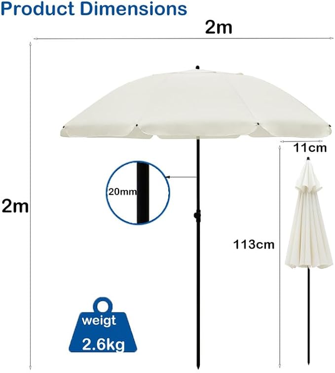 2M Outdoor Garden Parasols Umbrella with Crank Handle Tilting Sunshade UV 30+