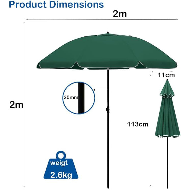 2M Outdoor Garden Parasols Umbrella with Crank Handle Tilting Sunshade UV 30+