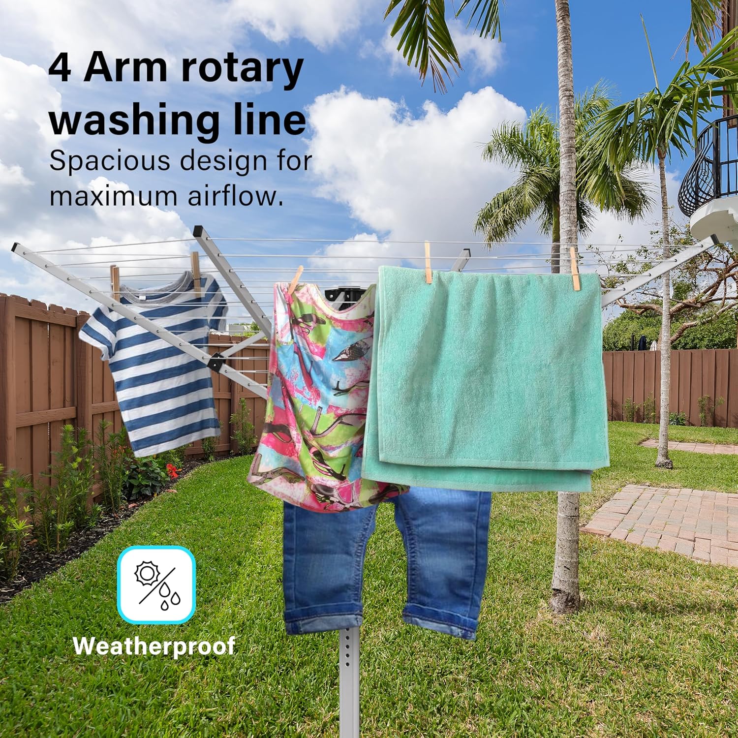 Aluminium 4 Arm 50M Rotary Washing Line Laundry Adjustable 120-180cm Dryer Cover
