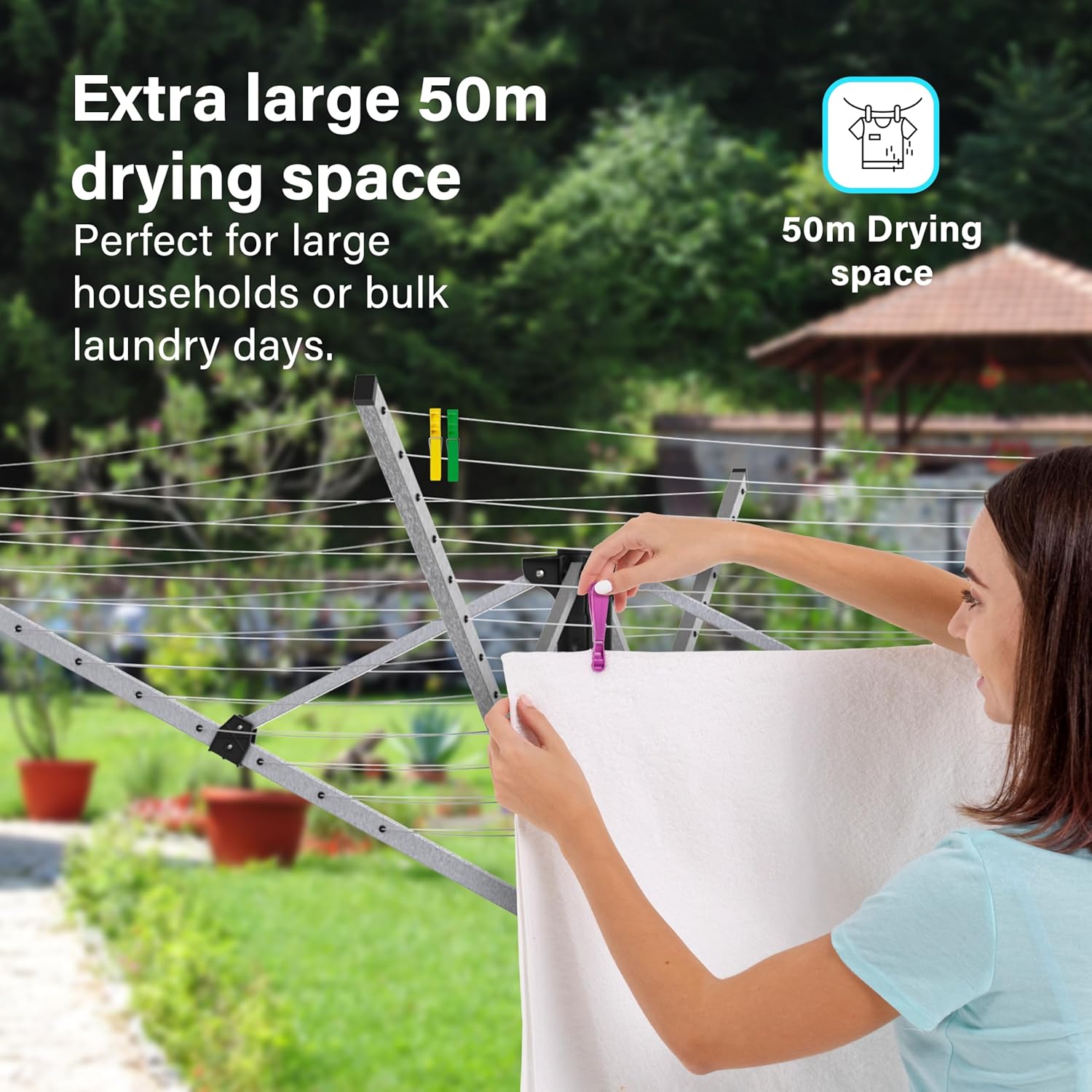 Aluminium 4 Arm 50M Rotary Washing Line Laundry Adjustable 120-180cm Dryer Cover