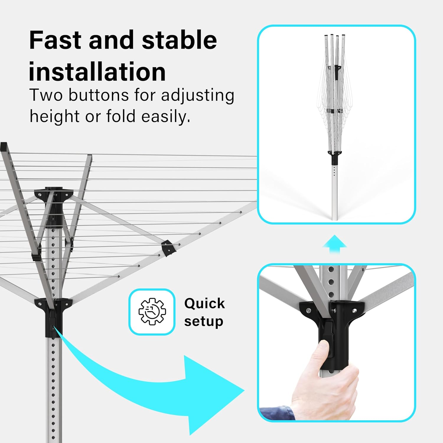 Aluminium 4 Arm 50M Rotary Washing Line Laundry Adjustable 120-180cm Dryer Cover