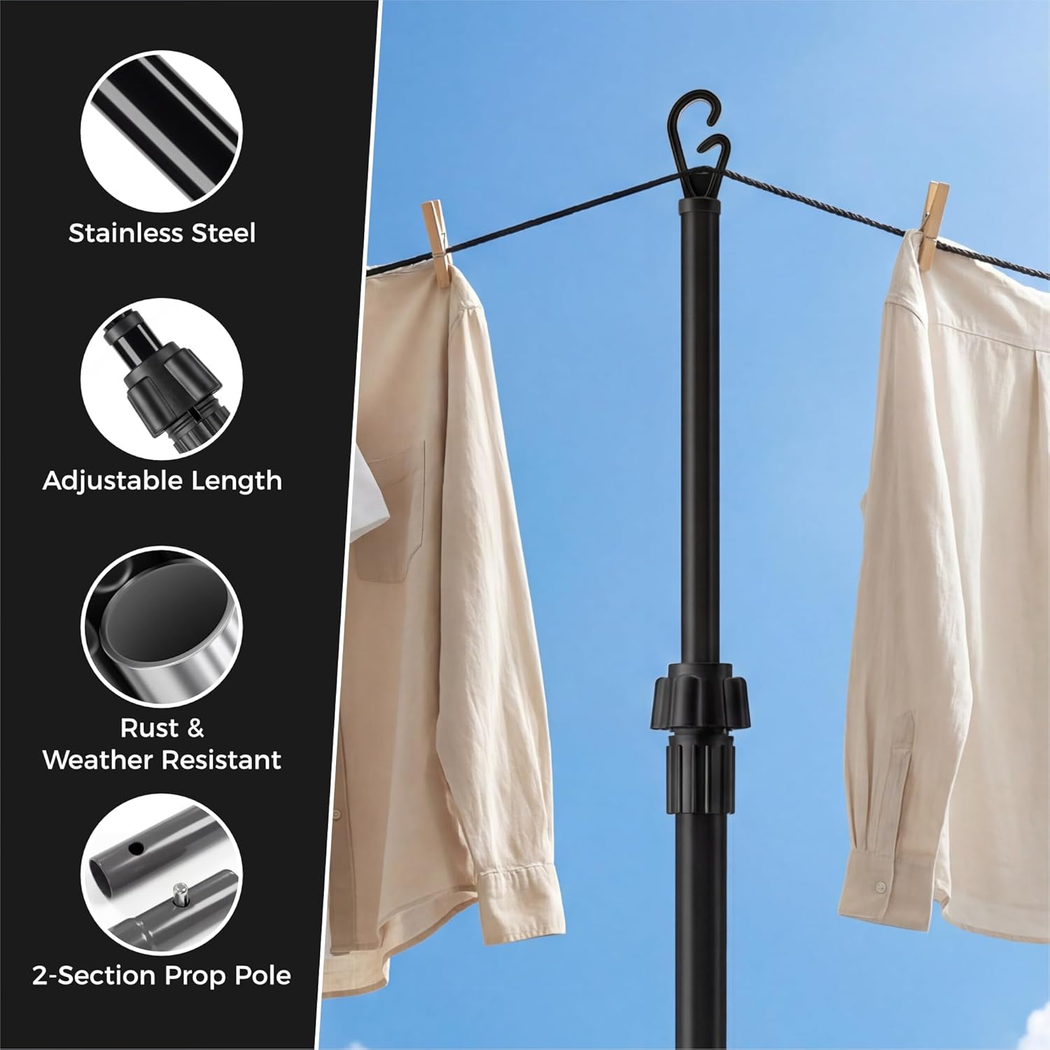 2.4m Telescopic Washing Drying Line Prop Pole Metal Clotheslines Laundry Support