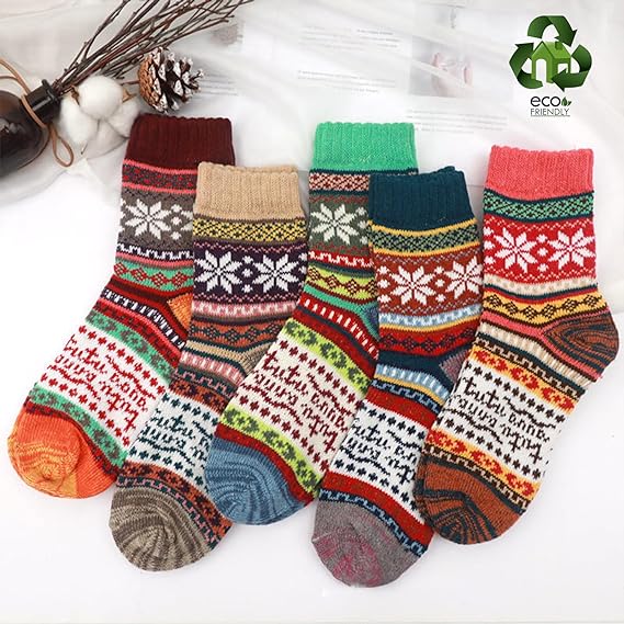 5 Pairs Thermal Wool Womens Socks Warm Winter Knitting Ladies Home Vintage Xmas