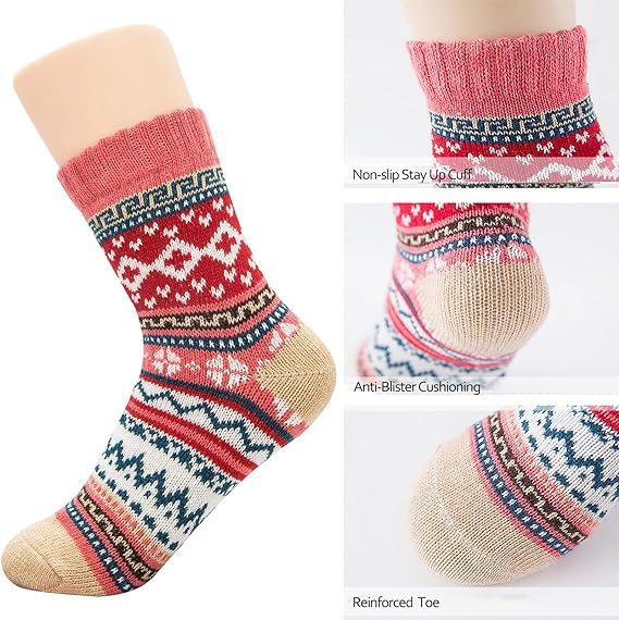 5 Pairs Thermal Wool Womens Socks Warm Winter Knitting Ladies Home Vintage Xmas