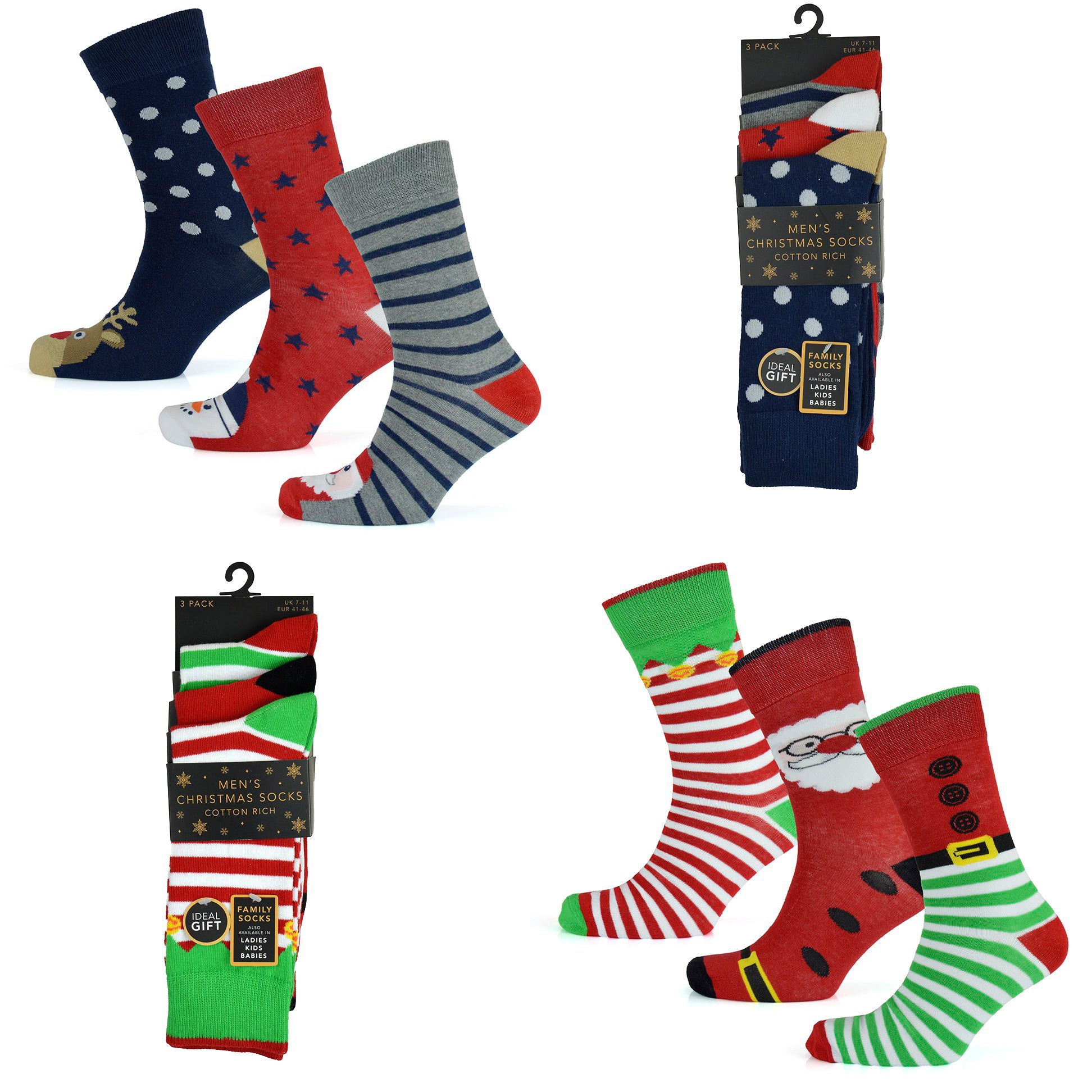 6 Pack Mens Cotton Rich Novelty Christmas Socks Santa Xmas Cotton Size UK 7-11