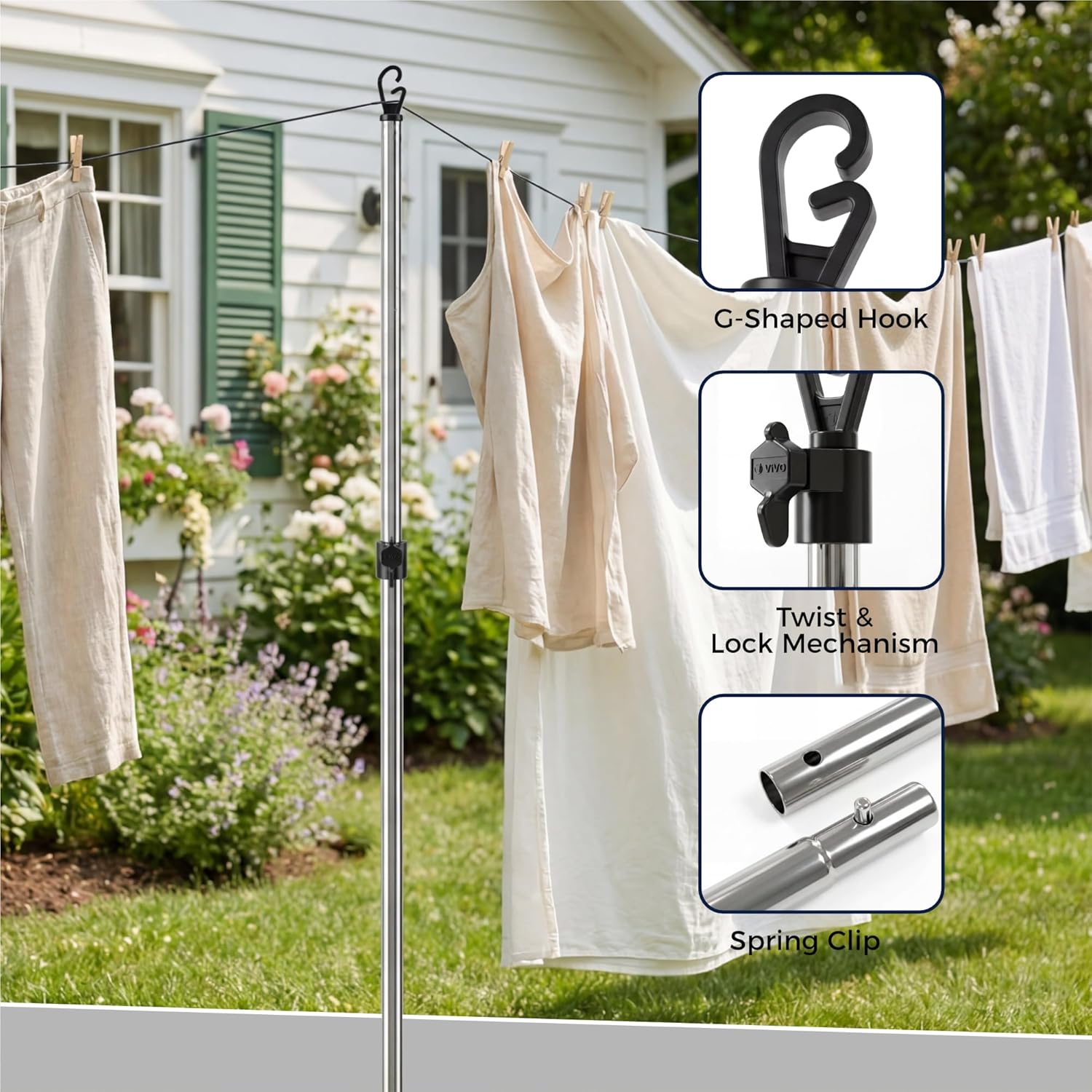 2.4m Stainless Steel Washing Line Prop Adjustable Clothes Laundry Support Pole