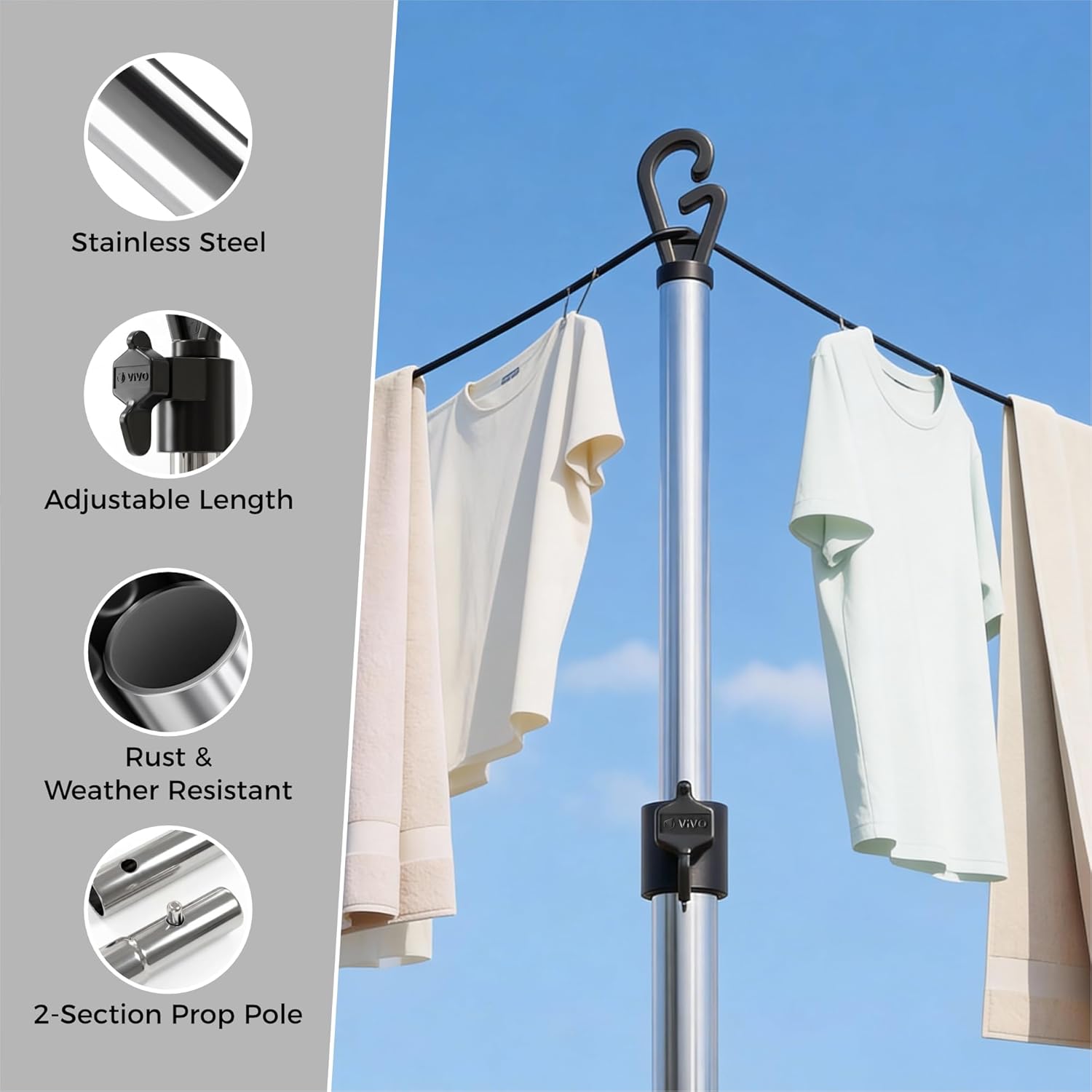 2.4m Stainless Steel Washing Line Prop Adjustable Clothes Laundry Support Pole