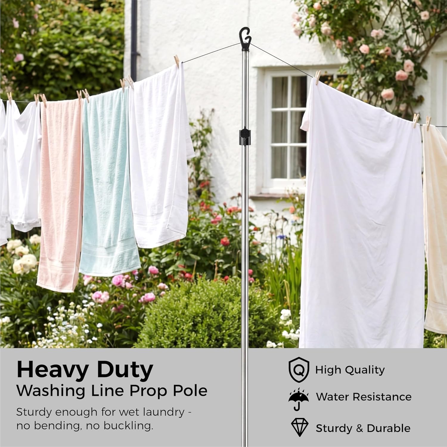 2.4m Stainless Steel Washing Line Prop Adjustable Clothes Laundry Support Pole