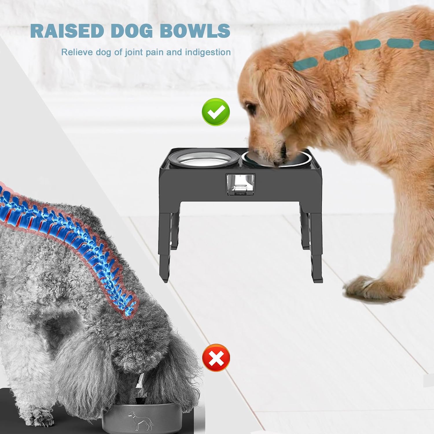 Raised Slow Feeder Dog Bowls Elevated Stainless Steel Adjustable Height Feeding