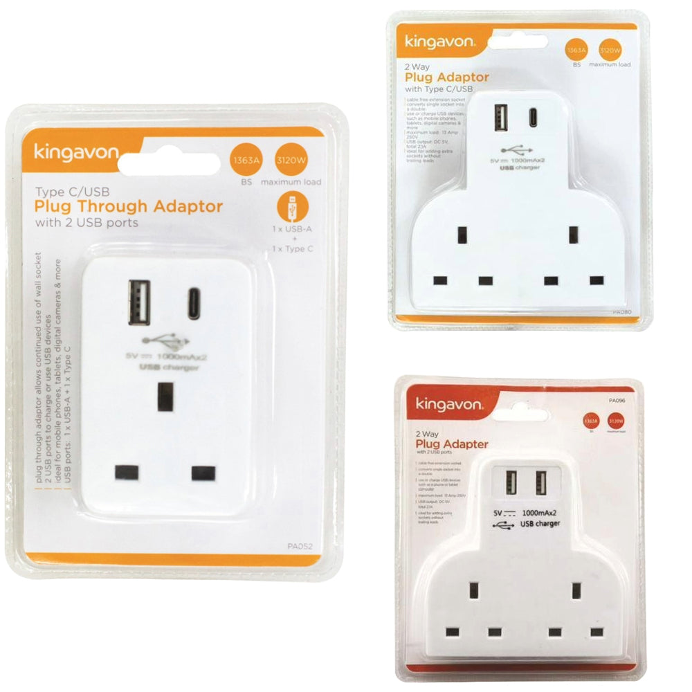 2 Way UK Plug Adapter Cable Free Extension Socket with USB or Type C port