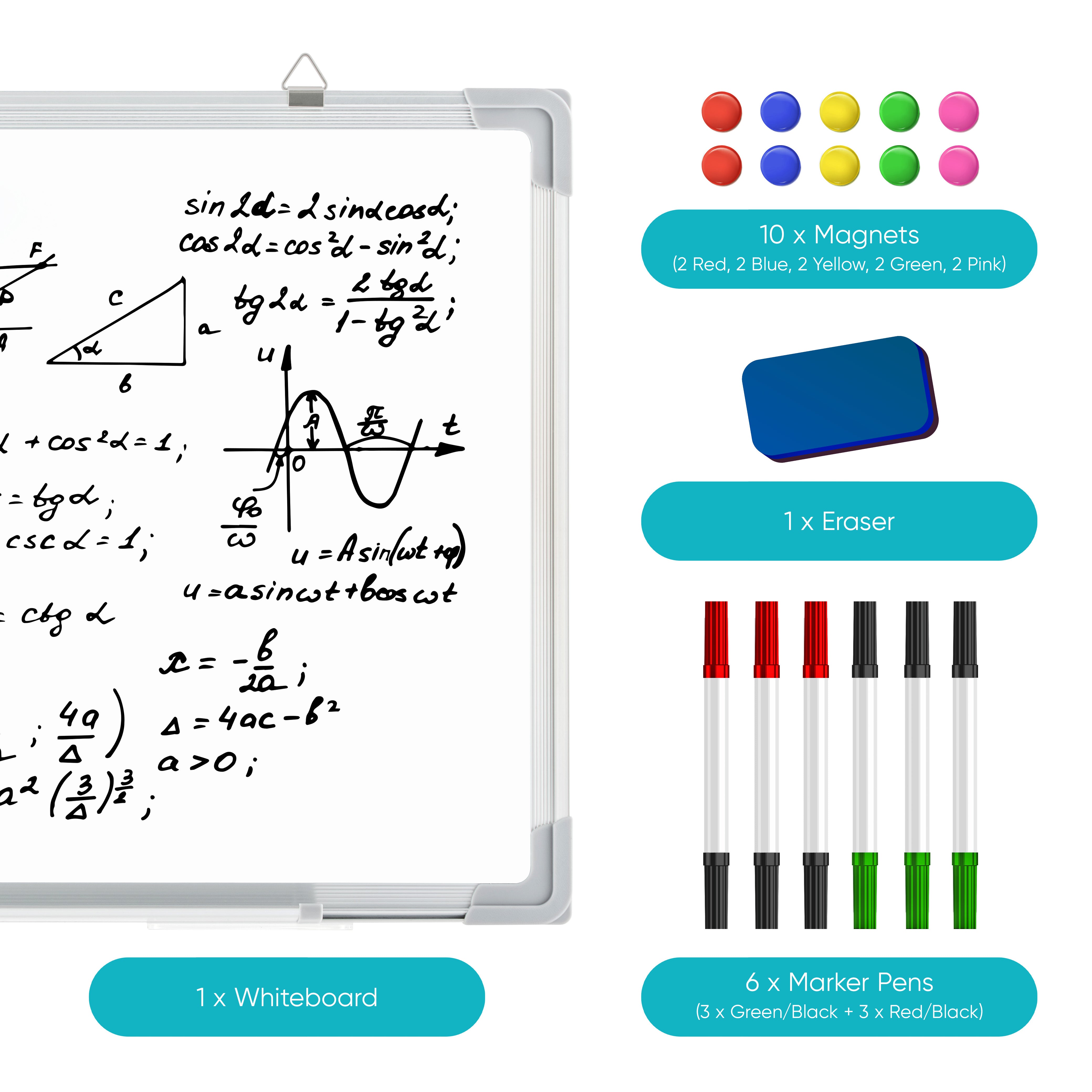 Magnetic Whiteboard Wall Hanging 10 Colour Magnets Marker Pens Memo Notice Board