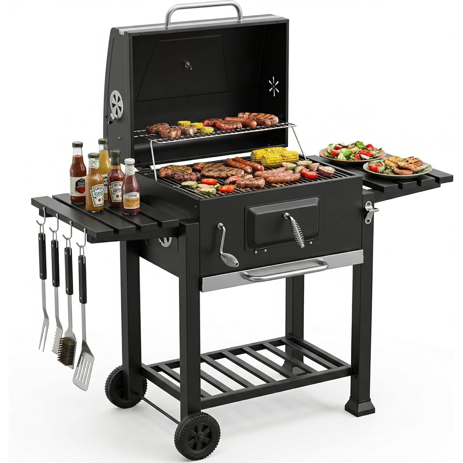Charcoal BBQ Drum Barrel Grill Coal Large Smoker Portable Adjustable Thermometer