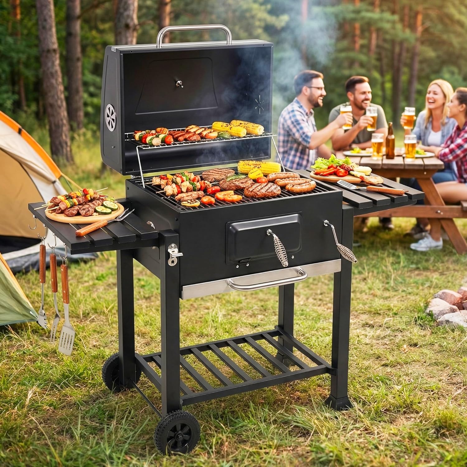 Charcoal BBQ Drum Barrel Grill Coal Large Smoker Portable Adjustable Thermometer