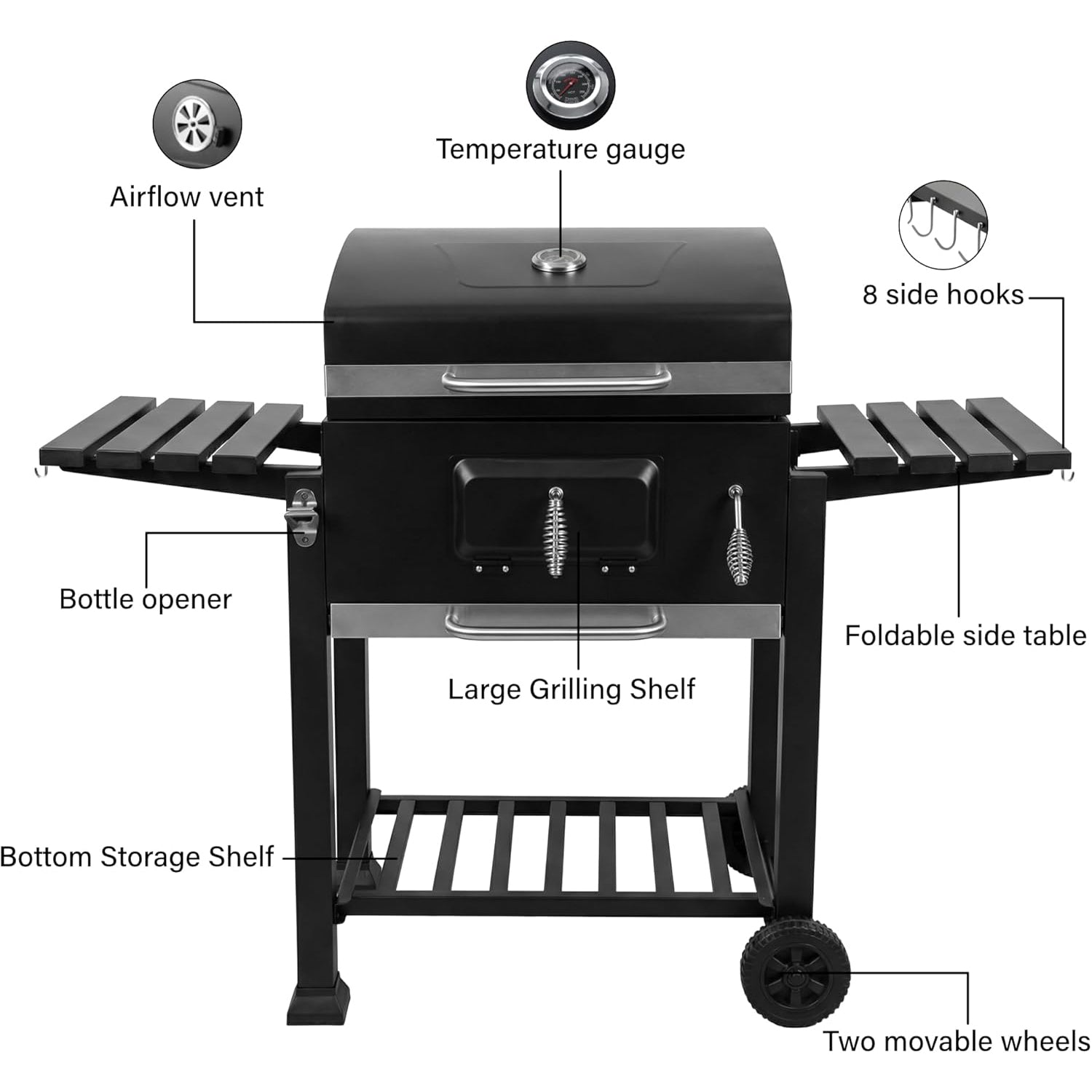 Charcoal BBQ Drum Barrel Grill Coal Large Smoker Portable Adjustable Thermometer