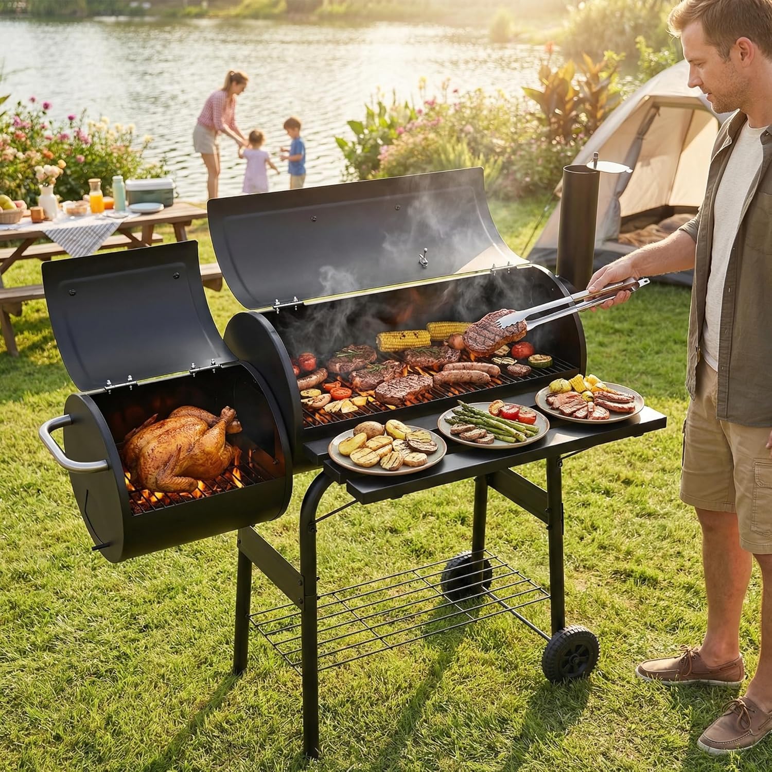 Charcoal BBQ Drum Barrel Grill Coal Large Smoker Portable Adjustable Thermometer