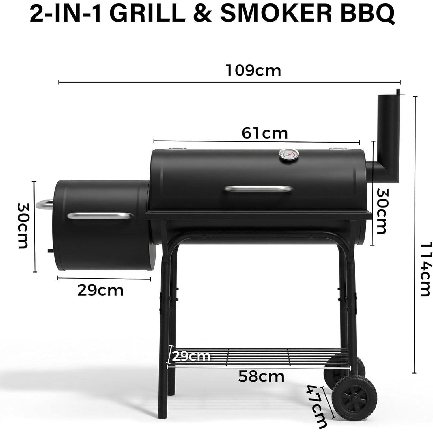 Charcoal BBQ Drum Barrel Grill Coal Large Smoker Portable Adjustable Thermometer