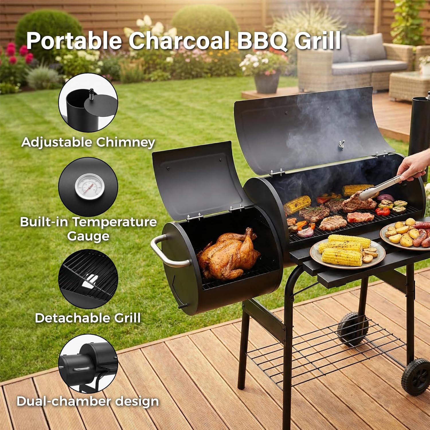 Charcoal BBQ Drum Barrel Grill Coal Large Smoker Portable Adjustable Thermometer