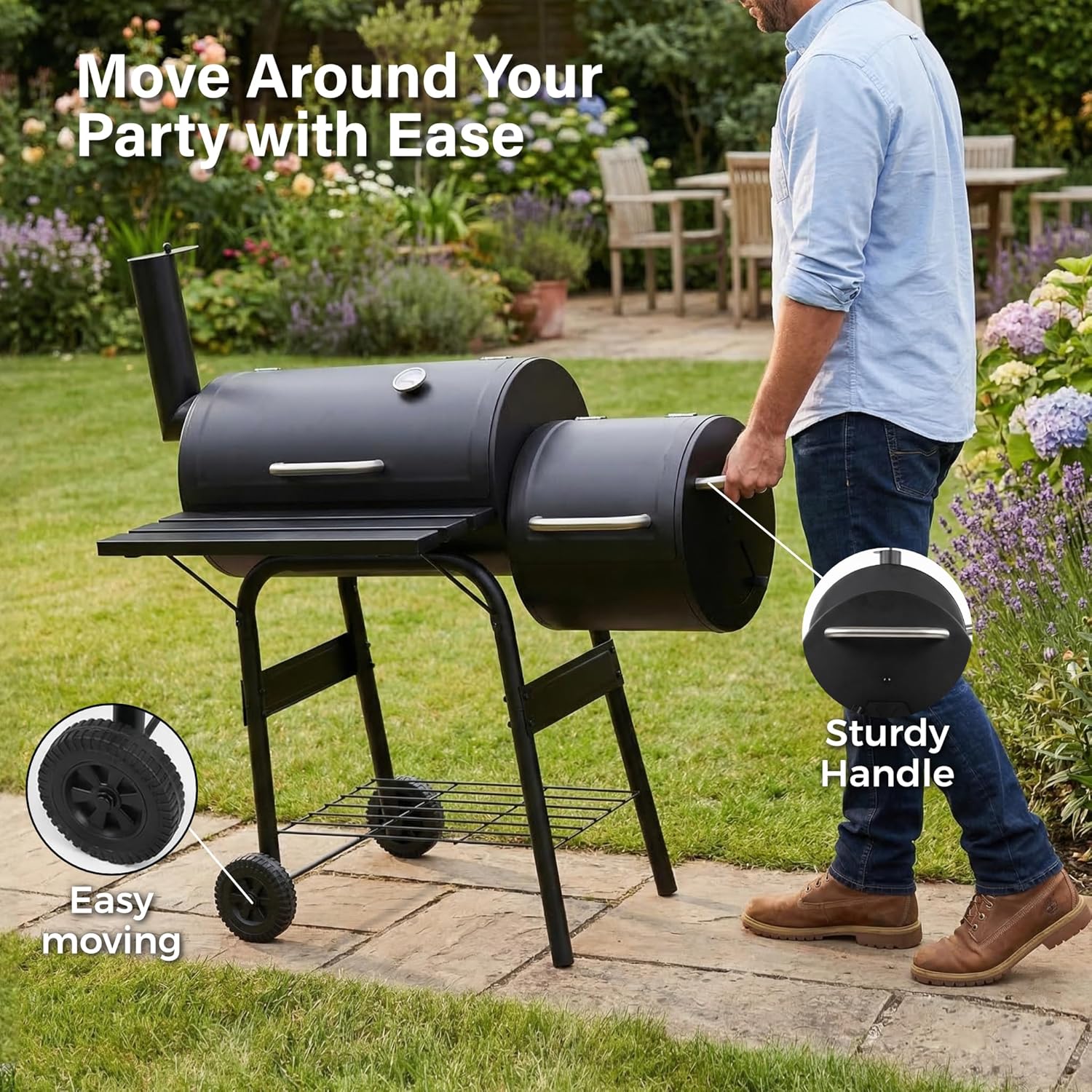 Charcoal BBQ Drum Barrel Grill Coal Large Smoker Portable Adjustable Thermometer