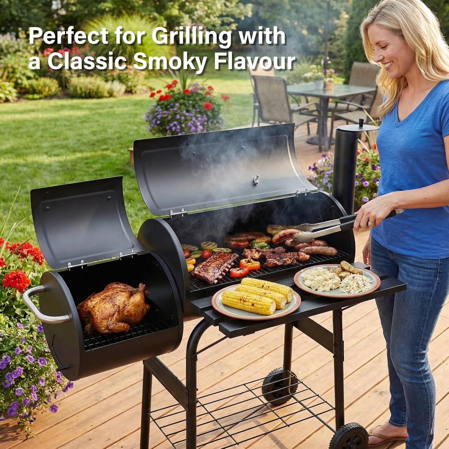 Charcoal BBQ Drum Barrel Grill Coal Large Smoker Portable Adjustable Thermometer