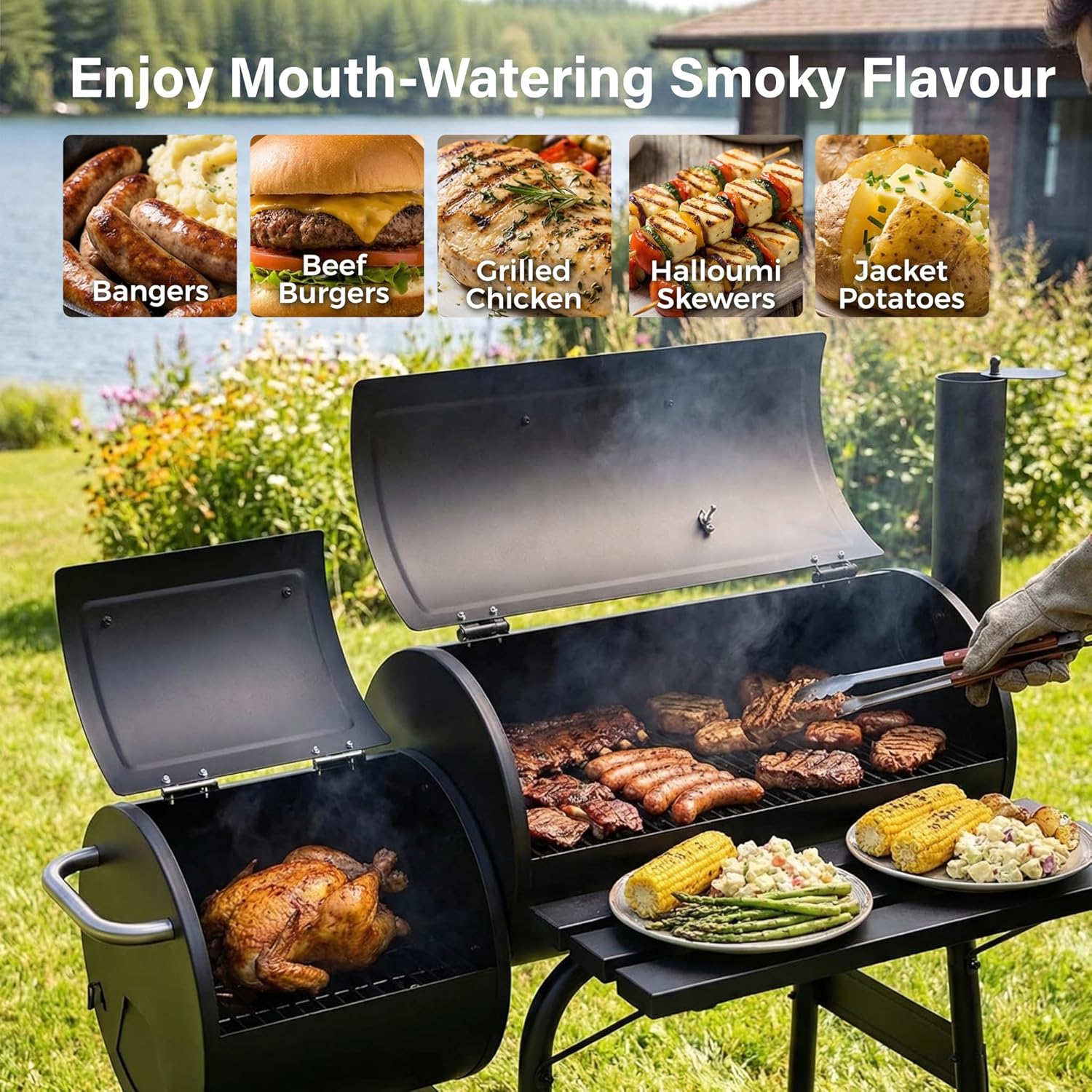 Charcoal BBQ Drum Barrel Grill Coal Large Smoker Portable Adjustable Thermometer