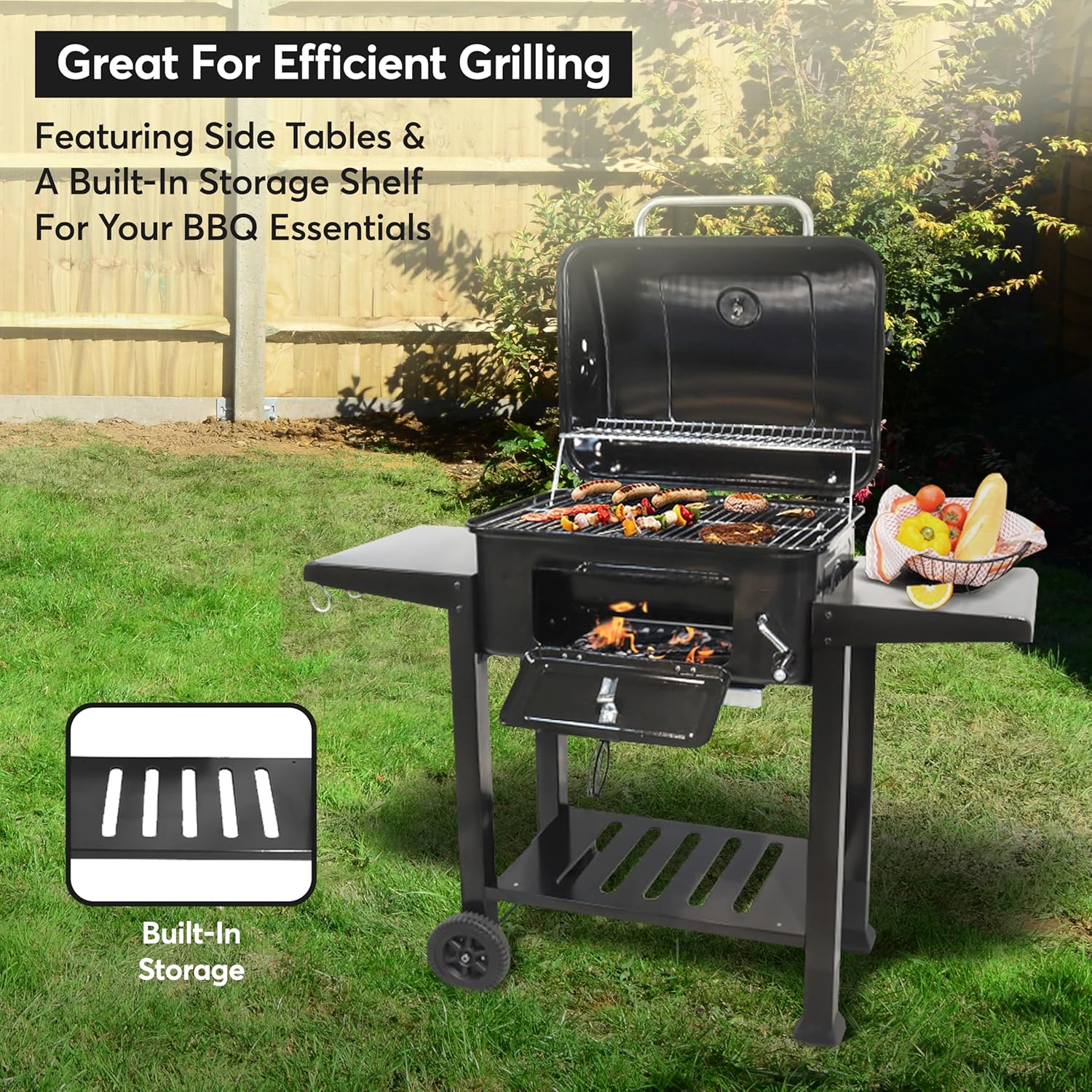 Barbecue Grill Large Portable Charcoal BBQ Smoker Side Table Adjustable Wheels