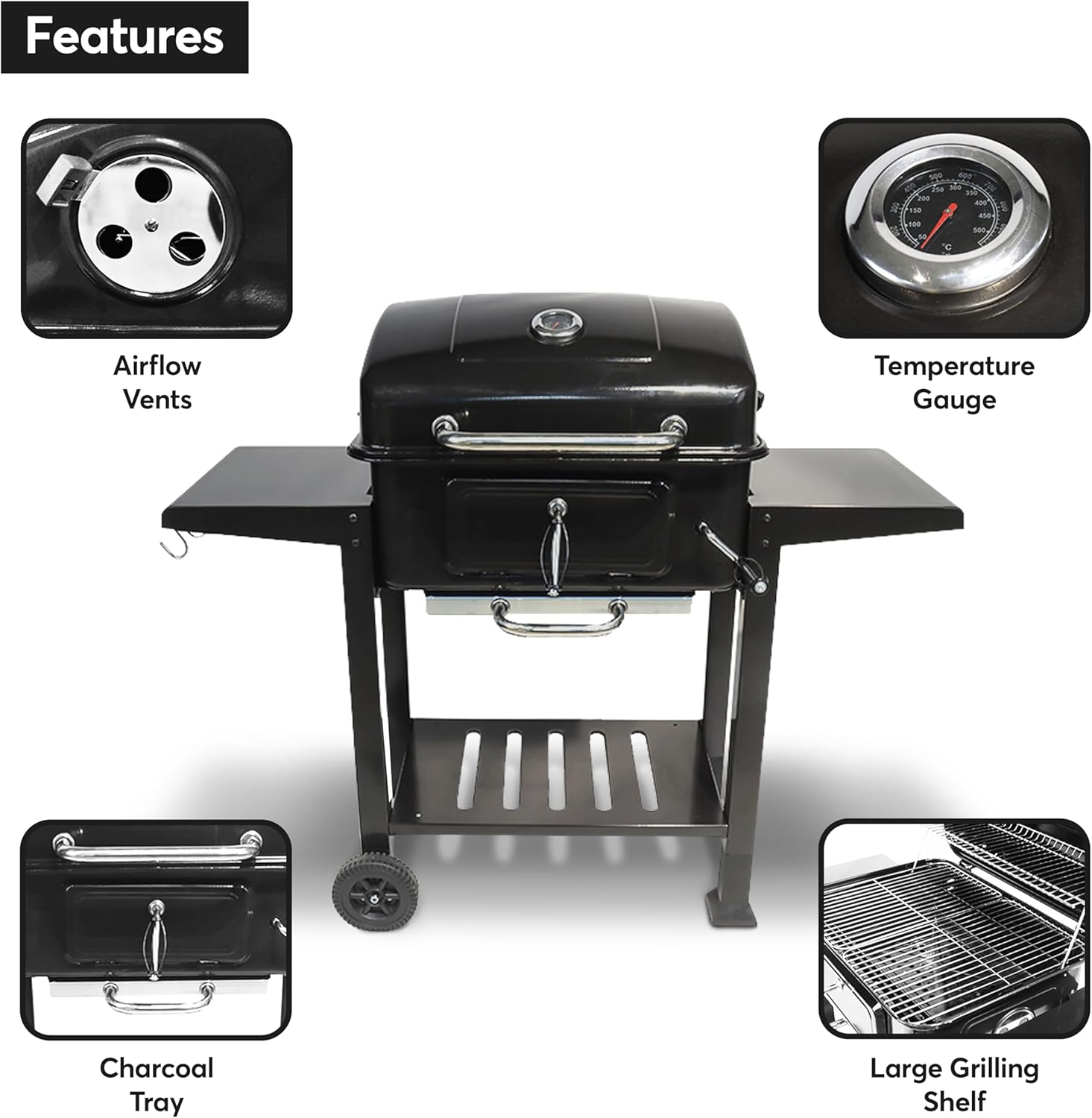Barbecue Grill Large Portable Charcoal BBQ Smoker Side Table Adjustable Wheels