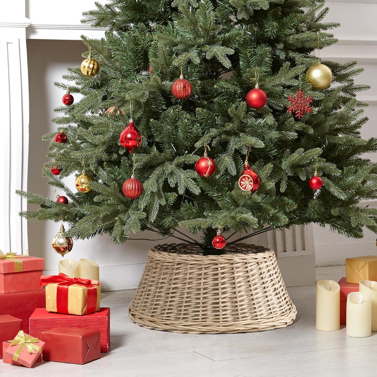 Christmas Tree Skirt Woven Willow Xmas Collar Wicker Rattan Trunk Basket Guard