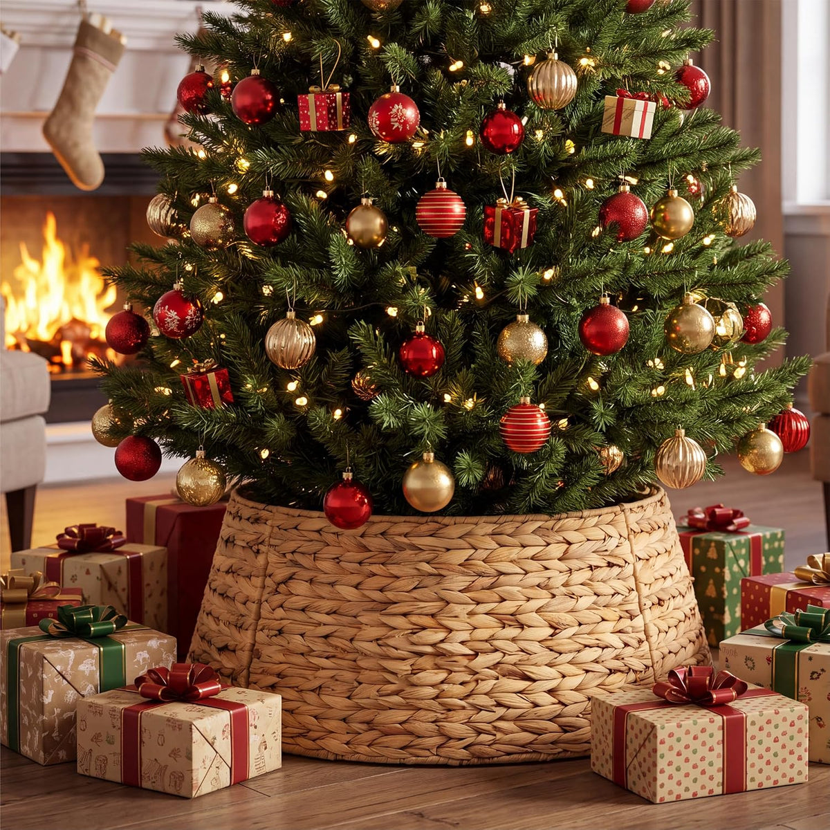 Woven Christmas Tree Skirt Straw Rope Base Cover Collar 4 Piece Folding Decor