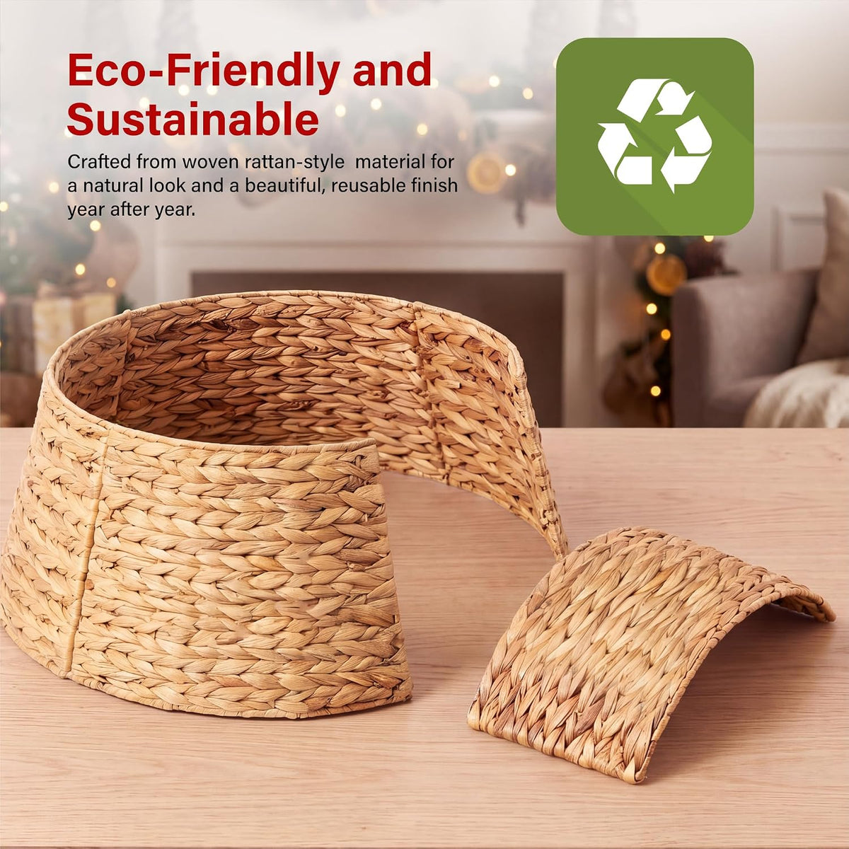 Woven Christmas Tree Skirt Straw Rope Base Cover Collar 4 Piece Folding Decor