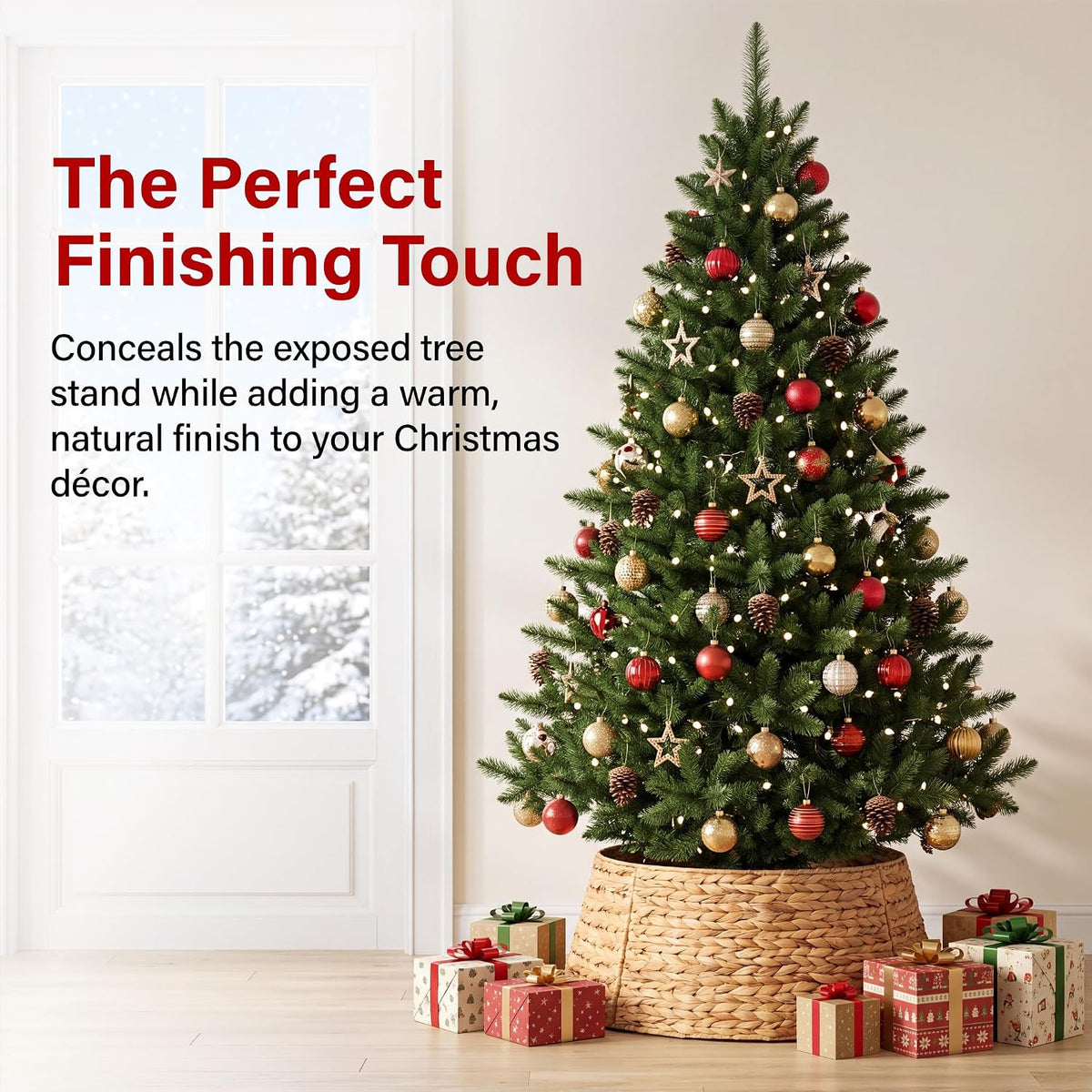 Woven Christmas Tree Skirt Straw Rope Base Cover Collar 4 Piece Folding Decor