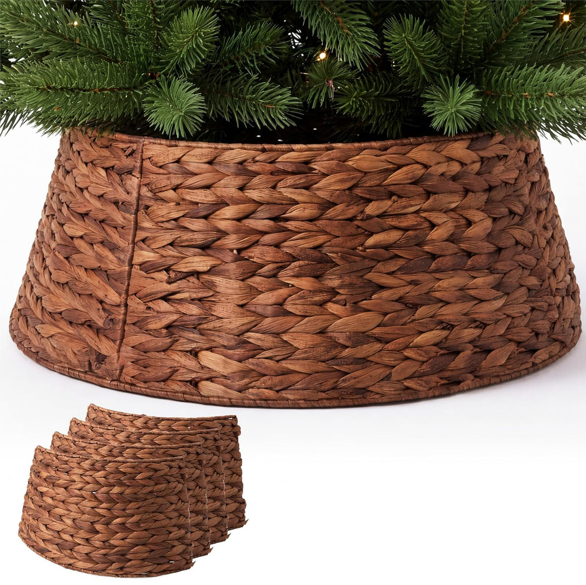 Woven Christmas Tree Skirt Straw Rope Base Cover Collar 4 Piece Folding Decor