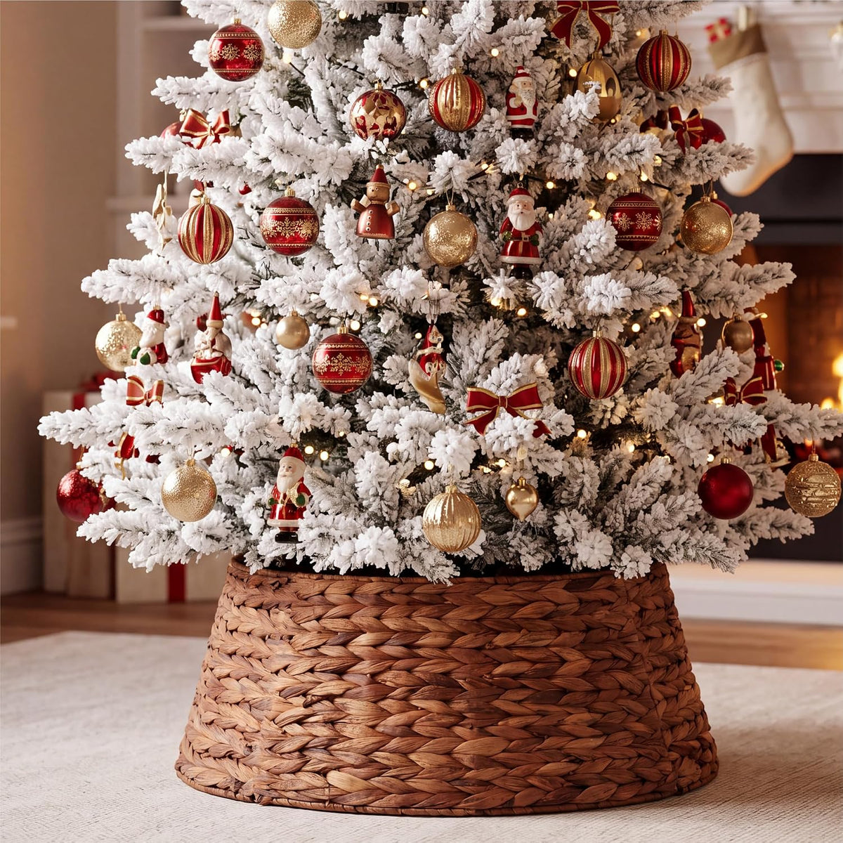 Woven Christmas Tree Skirt Straw Rope Base Cover Collar 4 Piece Folding Decor