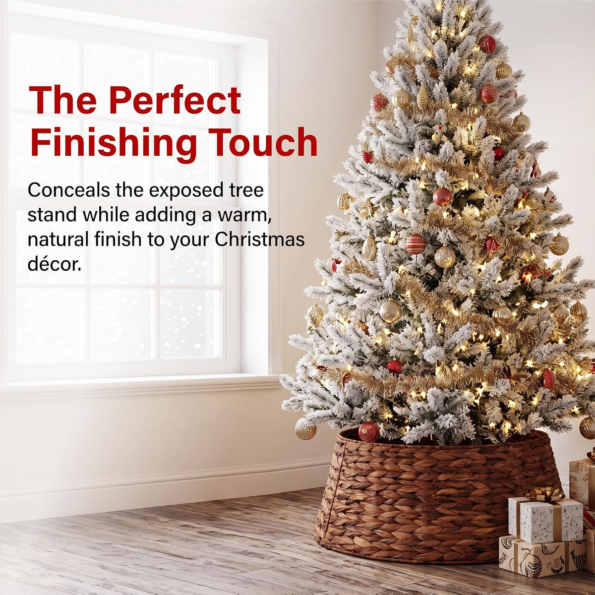 Woven Christmas Tree Skirt Straw Rope Base Cover Collar 4 Piece Folding Decor