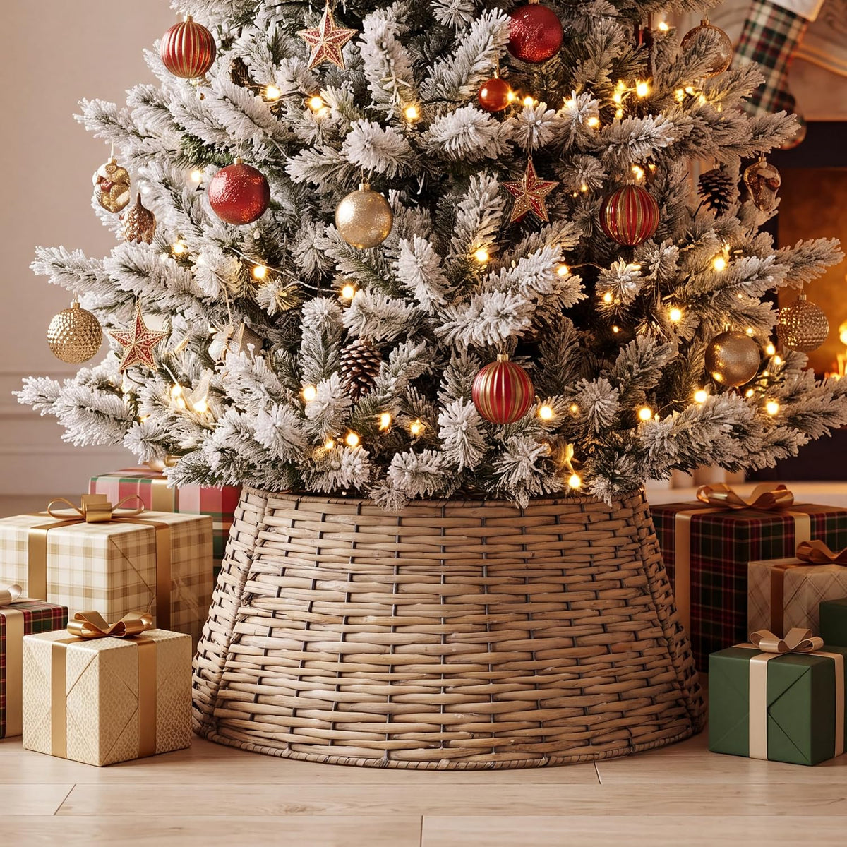 Christmas Tree Skirt Woven Willow Xmas Tree Collar 3-Piece Folding Rattan Cover