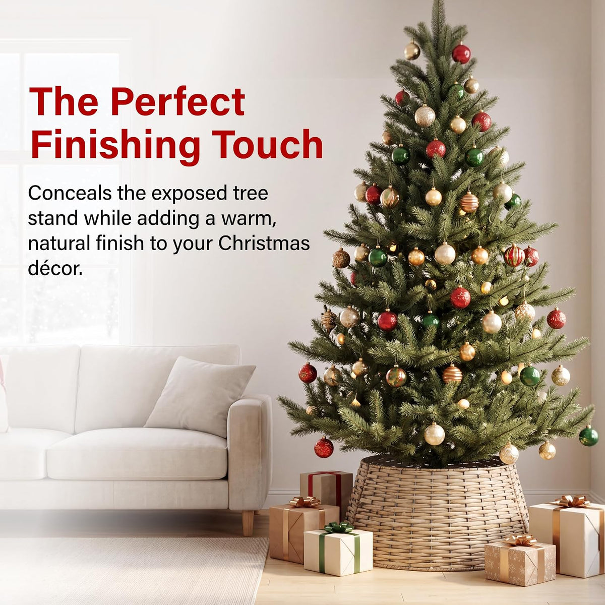 Christmas Tree Skirt Woven Willow Xmas Tree Collar 3-Piece Folding Rattan Cover
