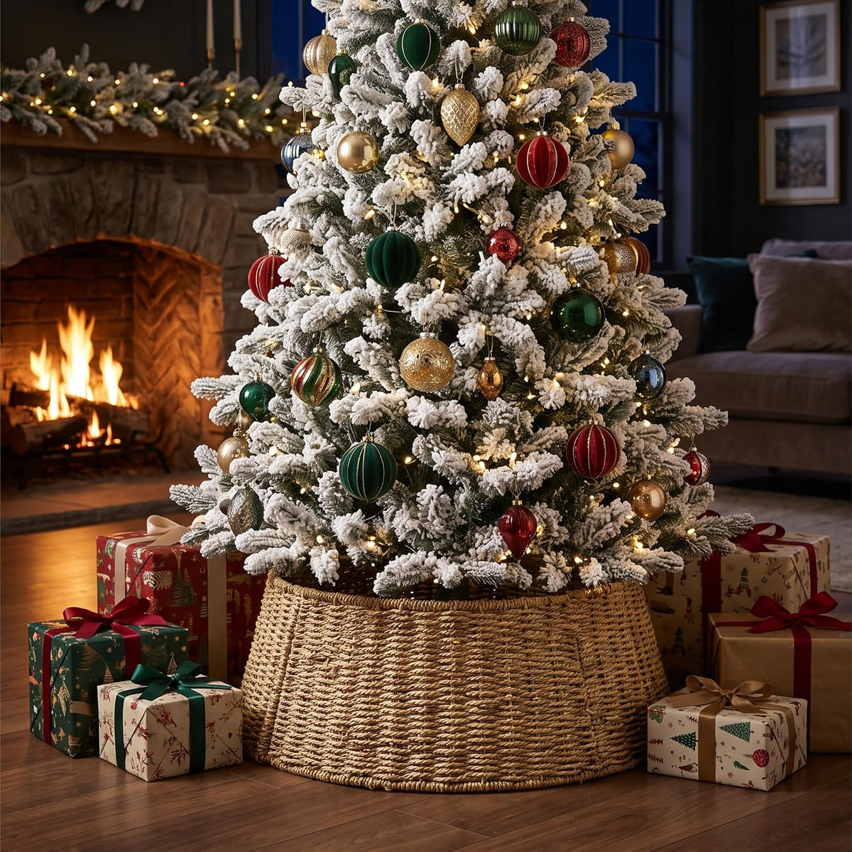 Woven Christmas Tree Skirt Collar Natural Rattan Artificial Xmas Trees Decor