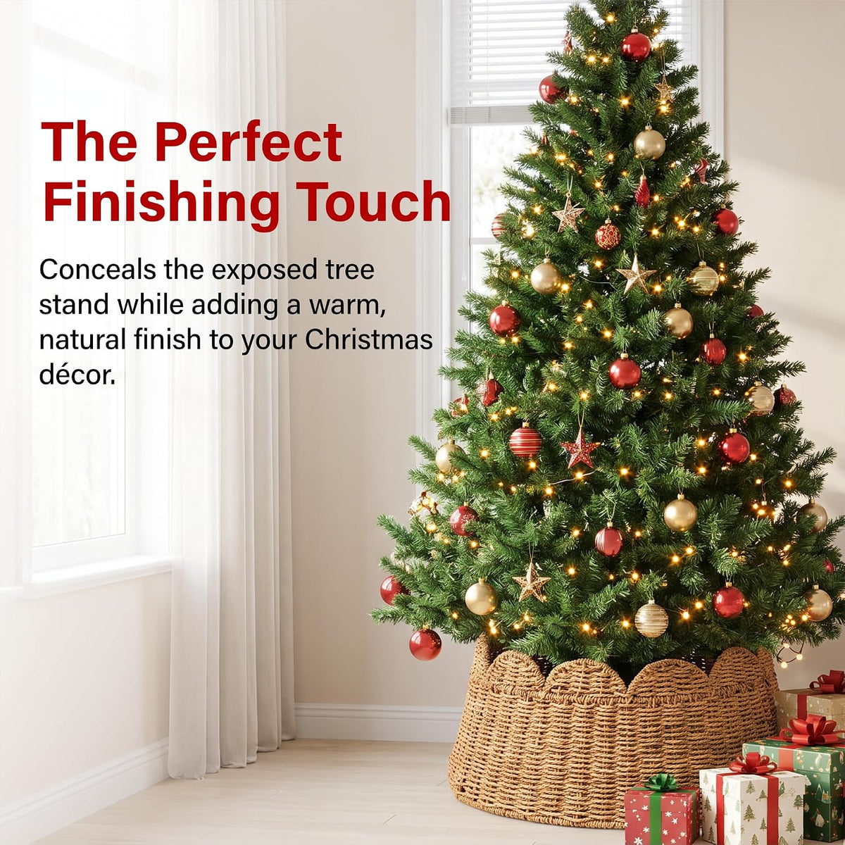 Woven Christmas Tree Collar Skirt Rattan Base Cover with Scalloped Edge Xmas