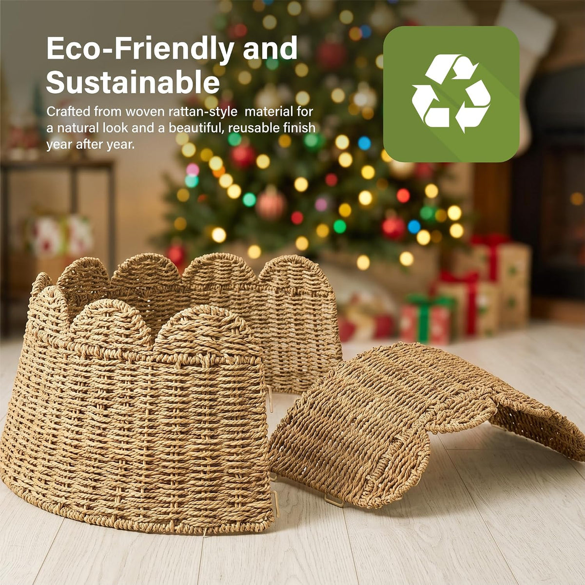 Woven Christmas Tree Collar Skirt Rattan Base Cover with Scalloped Edge Xmas
