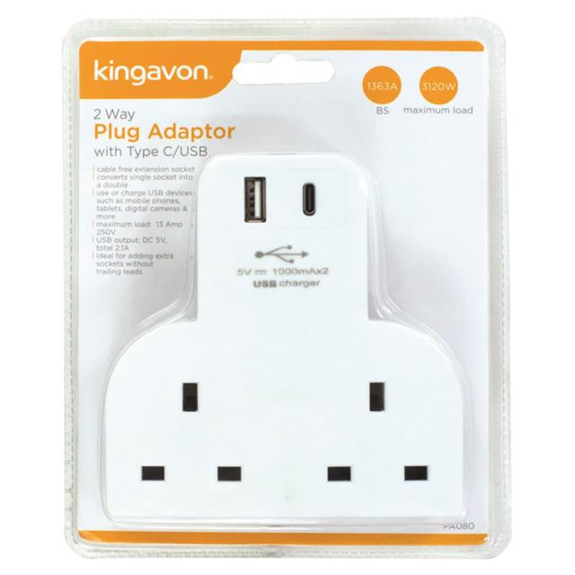 2 Way UK Plug Adapter Cable Free Extension Socket with USB or Type C port