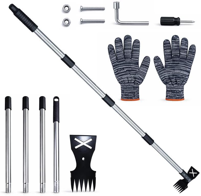 Weed Puller Tool Long Handle 2-in-1 Gardening Gloves Weeder Rake Garden Hoe