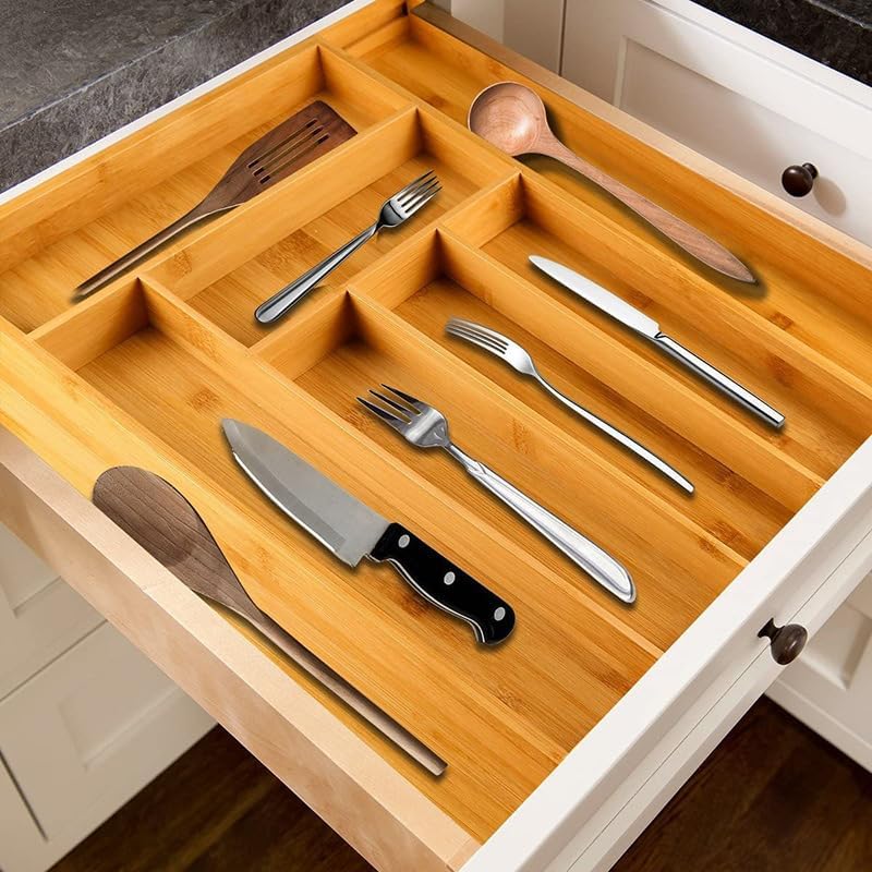 Bamboo Cutlery Tray Expandable Drawer Organiser Storage Compartment Utensil