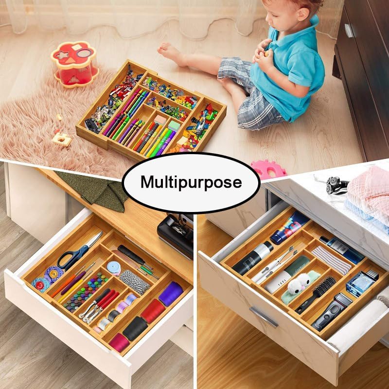 Bamboo Cutlery Tray Expandable Drawer Organiser Storage Compartment Utensil