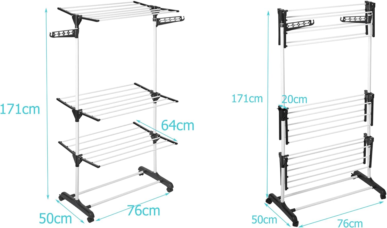 4-Tier Folding Clothes Drying Rack Airer Stainless Steel Laundry on Wheels