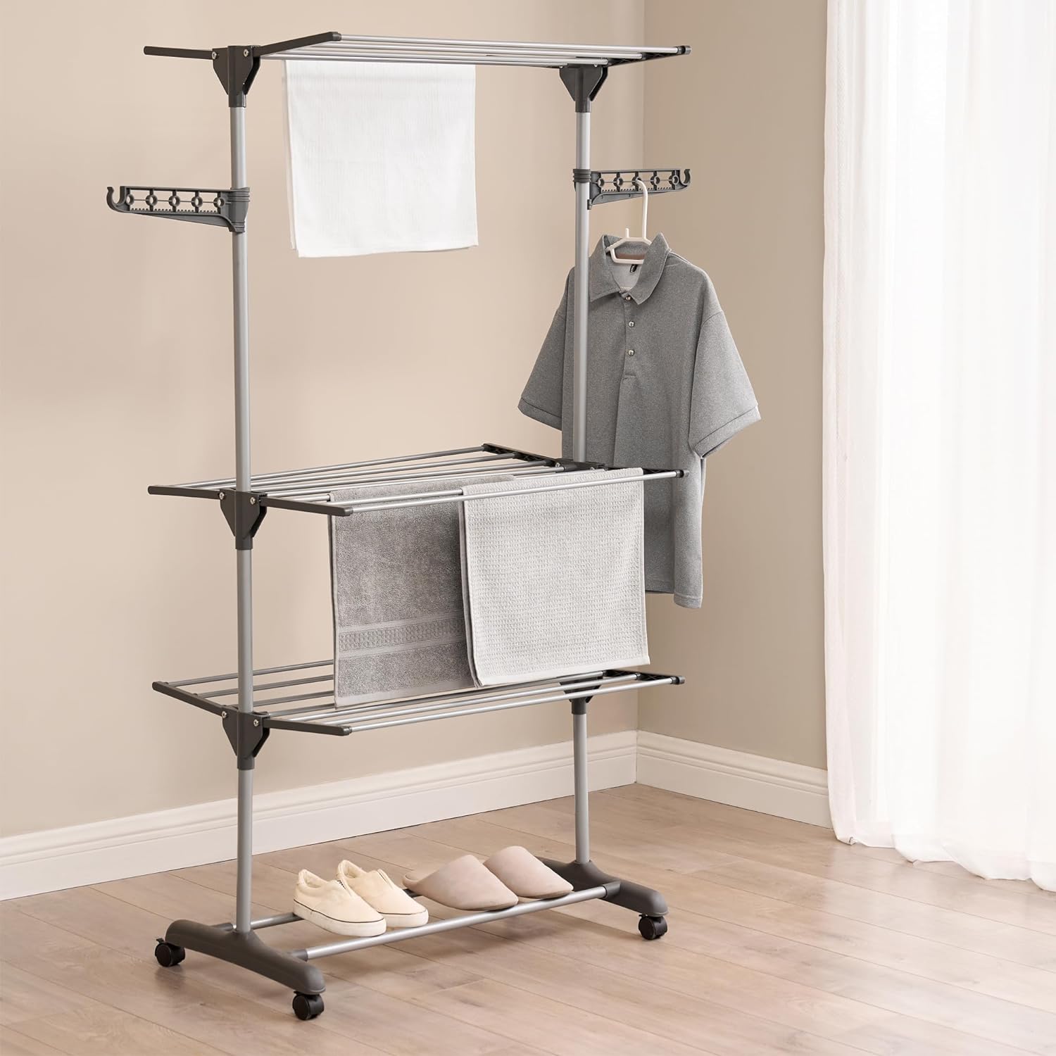 4-Tier Folding Clothes Drying Rack Airer Stainless Steel Laundry on Wheels