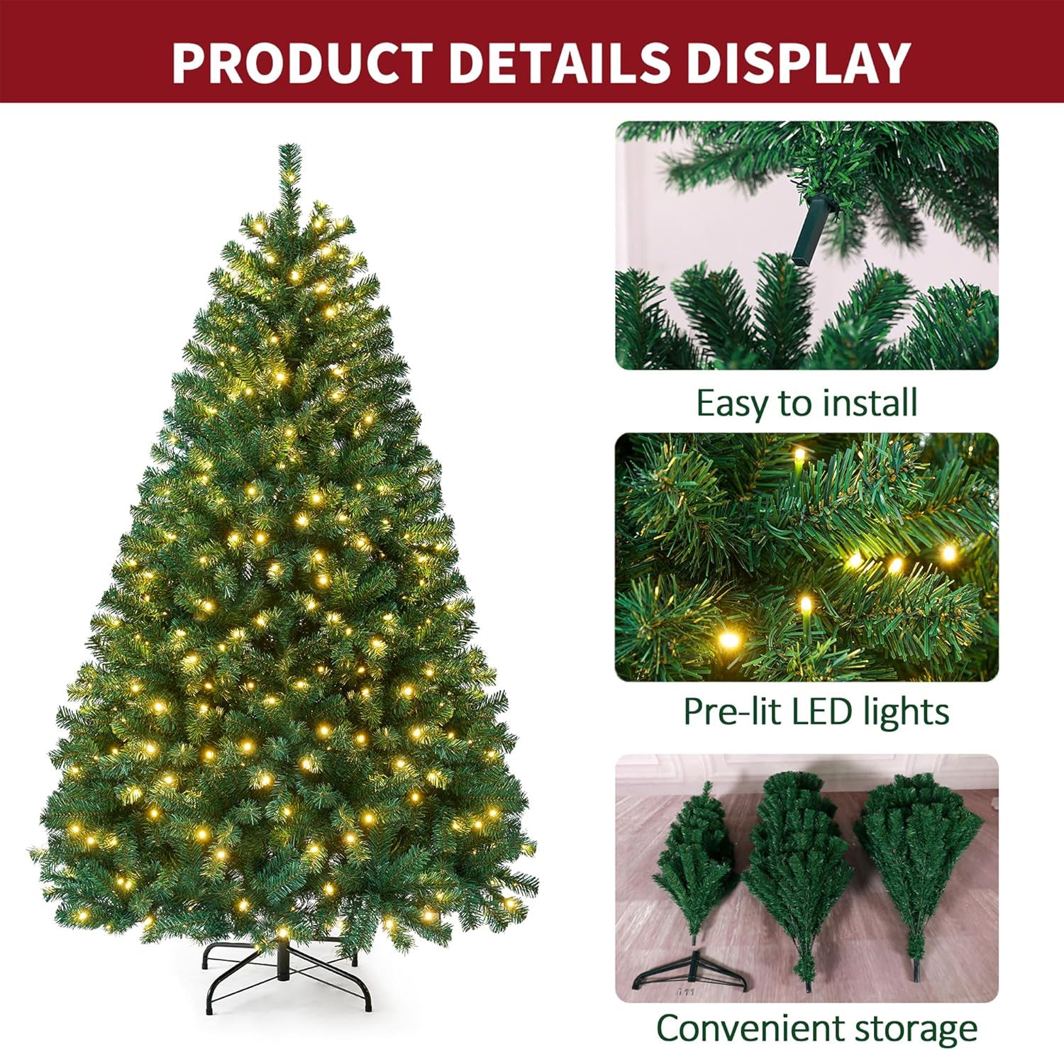 5/6/7FT Pre-Lit Artificial Christmas Tree 260 LED Lights Branch Tips Green Xmas