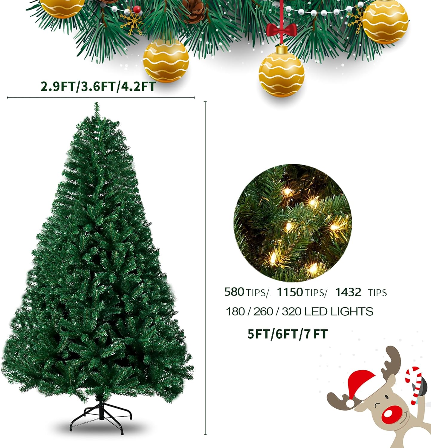 5/6/7FT Pre-Lit Artificial Christmas Tree 260 LED Lights Branch Tips Green Xmas