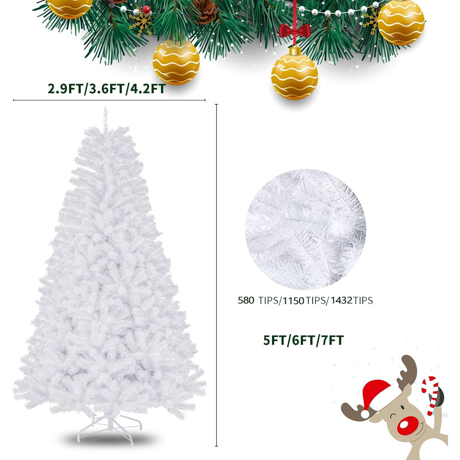 5/6/7Ft White Christmas Tree 1432 Branch Tips Xmas Bushy Pine Artificial Stand